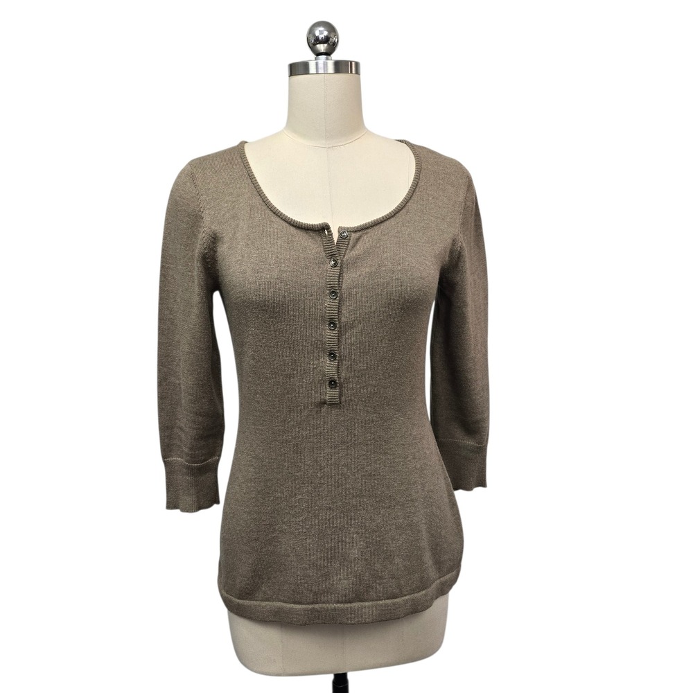 PERUVIAN CONNECTION Women's Sz Small Brown 3/4 Sleeve Henley Sweater Pima Cotton
